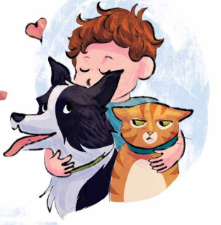 Child hugging pets with love